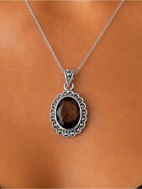 Sterling Silver Art Deco Style Quartz Marcasite Pendant /Sterling Plate Chain